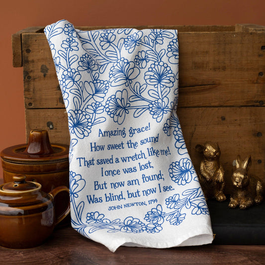 Amazing Grace Hymn Tea Towel - Blue