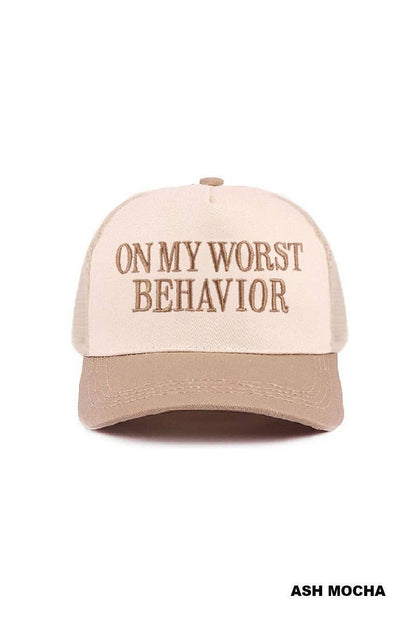 On My Worst Behavior Two Tone Mesh Snapback Hat  Zenana Consgt.